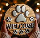 Pack of cute dog PAWS and Family-Themed Round Aluminum Welcome Sign